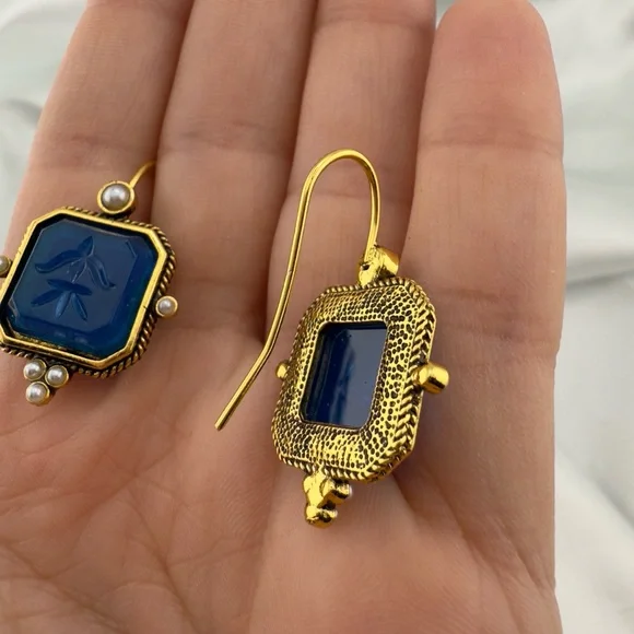 Vintage Blue and Gold Hexagon Earrings - Picture 4 of 7